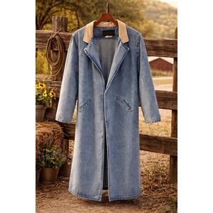 Dual Control High Casual Denim Duster Coat Leather Trim Light Wash Mens Medium